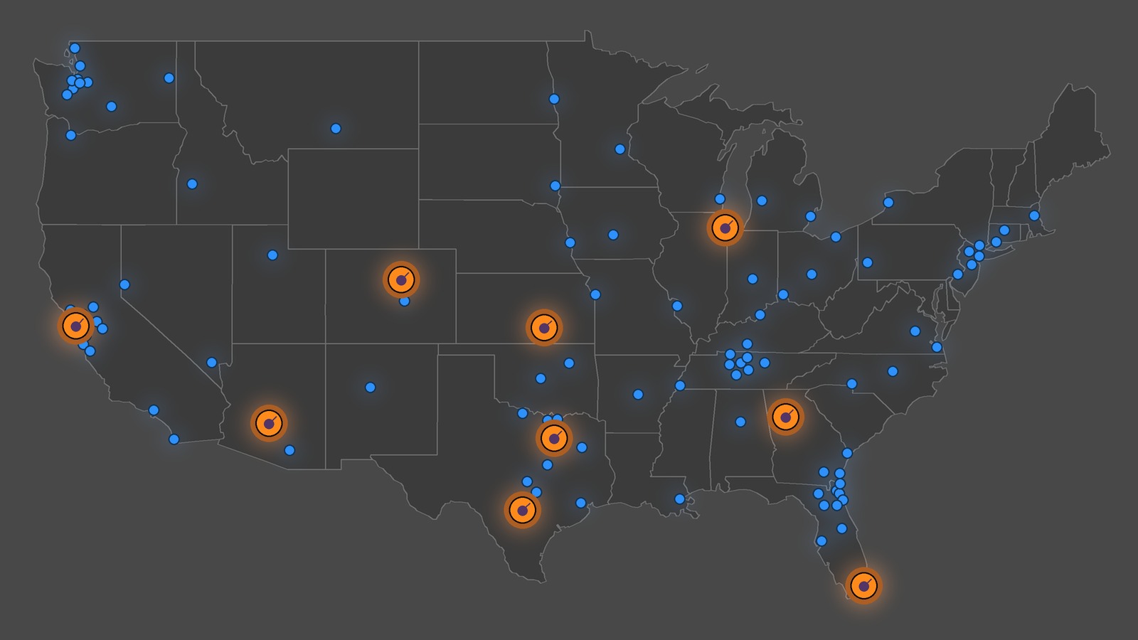 The Flight Line national aviation job map, blue standard listings and orange Cleared Hot priority markers across the United States