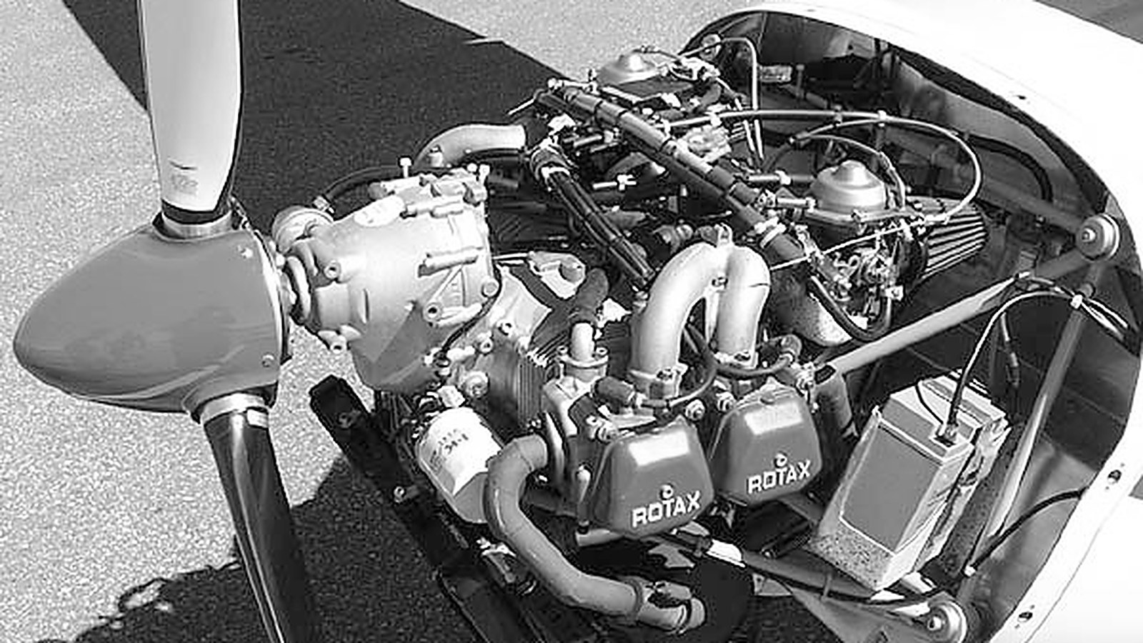 ROTAX 912 S engine installation in a light sport aircraft, cowling removed